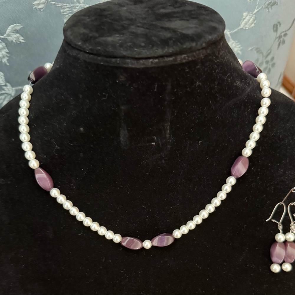 💜 Faux Pearl & Purple Cat Eye Bead Necklace + Earrings Set | 17”